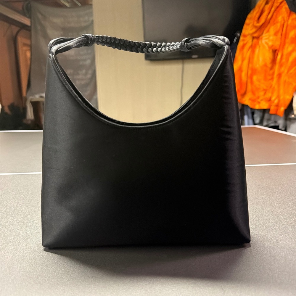 Black Nylon Hobo Bag Braided Shoulder Strap Button Close Mini Purse Women's
